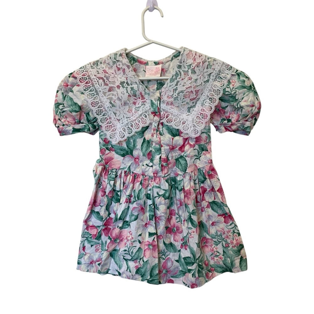 VINTAGE | Rose Cottage Girls Floral Dress with Lace Collar and Puff Sleeves Sz 5